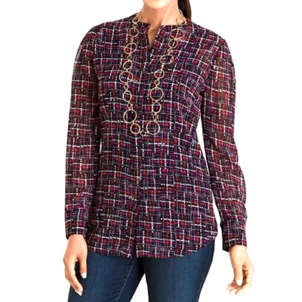Chico’s Printed Long Sleeve Blouse Women’s Size M Button Front Lightweight Plaid